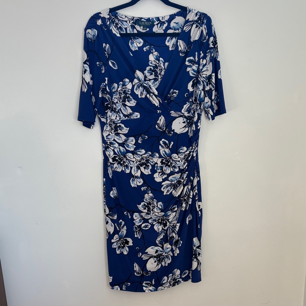 Lauren Ralph Lauren Blue and White Floral Midi Wrap Dress